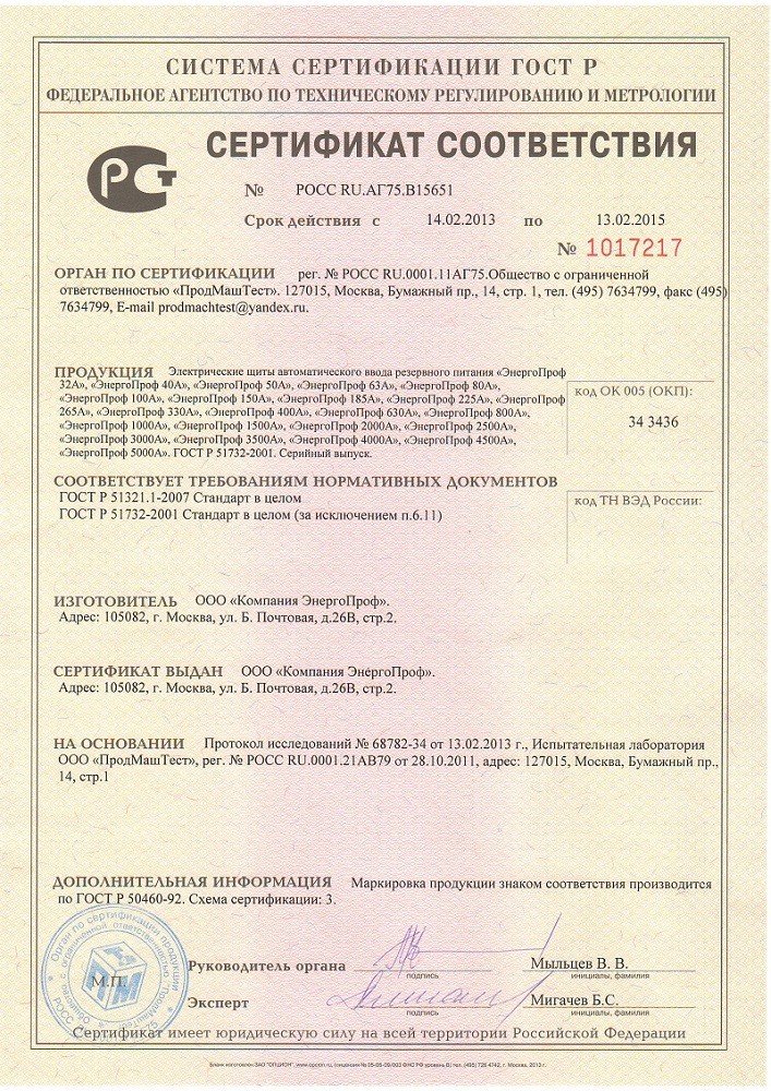 Сертификат соответствия АВР требованиям нормативных документов